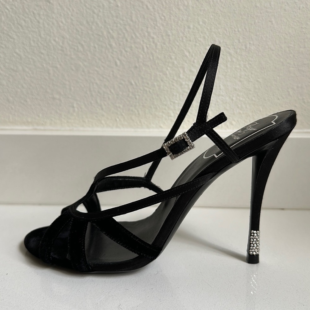 Roger Vivier Paris black velvet/satin strappy heels with crystal embellishments